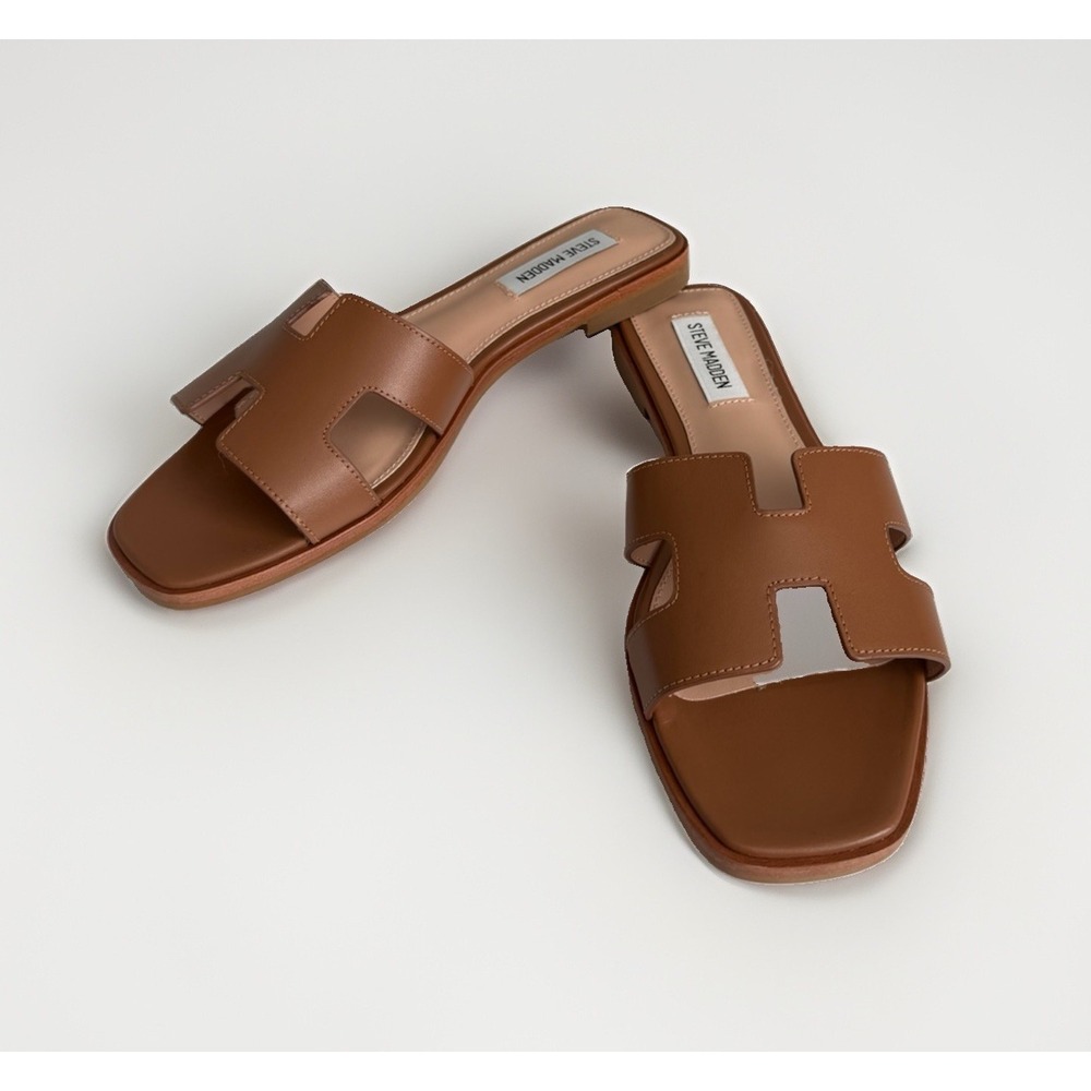 Steve Madden Hadyn Women's 8.5 Cognac Leather H Cutout Slide Sandals New